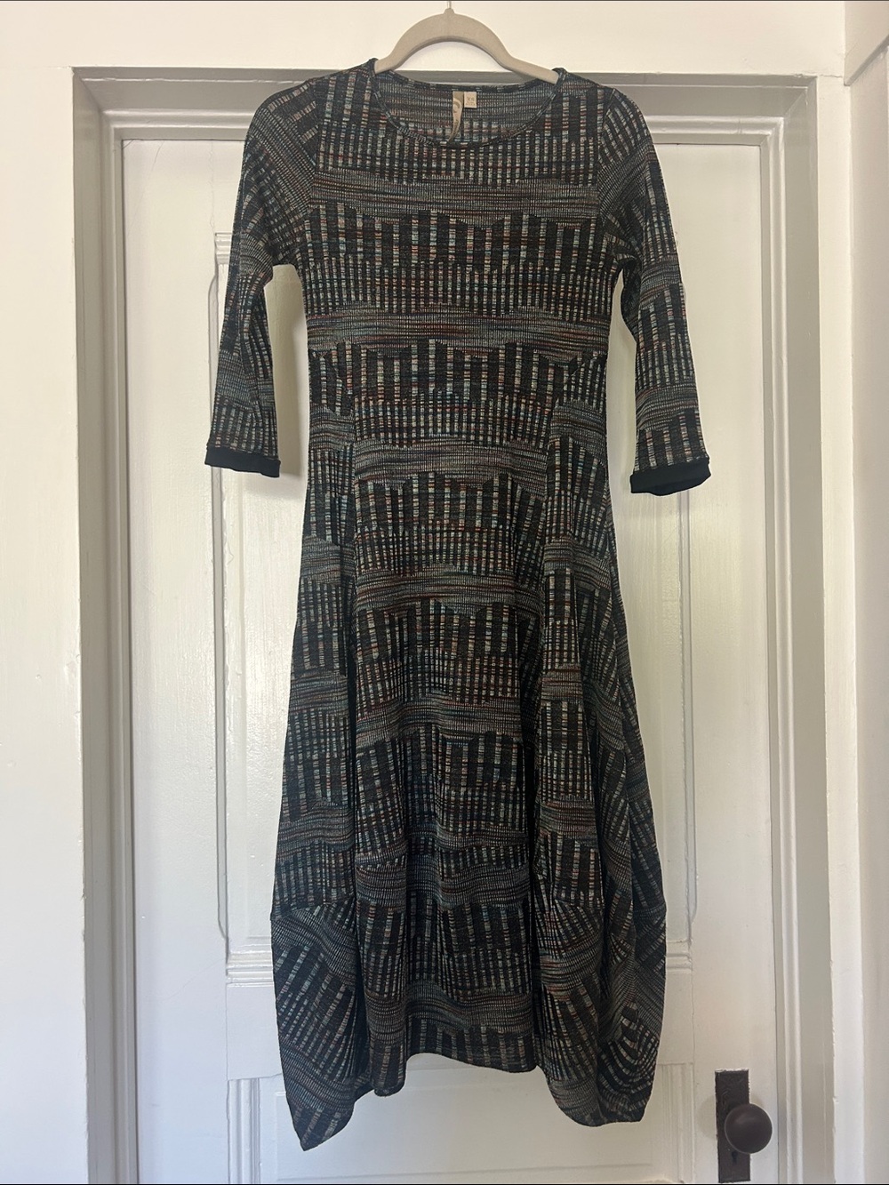 Comfy USA Black Patterned Midi Dress with Subtle Multi-Stripe Detail